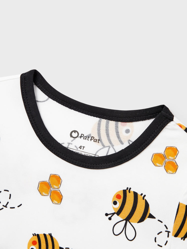 Family Matching Bamboo Pajamas Soft Bamboo Viscose PJs for Men Women Kids Toddler, Cute Bee Print Sleepwear with Short Sleeve Top and Long Pants White