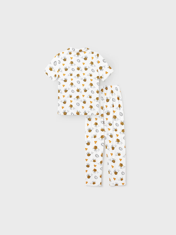 Mommy & me Bamboo Pajamas Soft Bamboo Viscose PJs for Men Women Kids Toddler, Cute Bee Print Sleepwear with Short Sleeve Top and Long Pants White