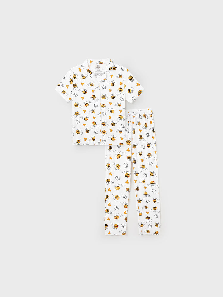 Mommy & me Bamboo Pajamas Soft Bamboo Viscose PJs for Men Women Kids Toddler, Cute Bee Print Sleepwear with Short Sleeve Top and Long Pants White