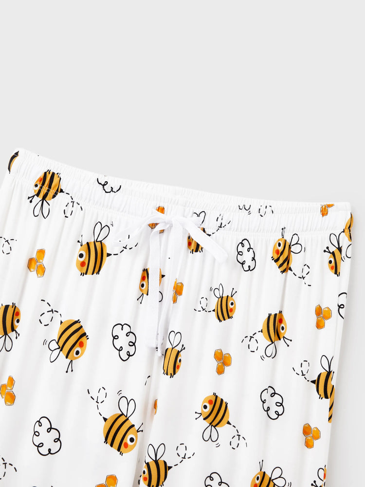 Mommy & me Bamboo Pajamas Soft Bamboo Viscose PJs for Men Women Kids Toddler, Cute Bee Print Sleepwear with Short Sleeve Top and Long Pants White