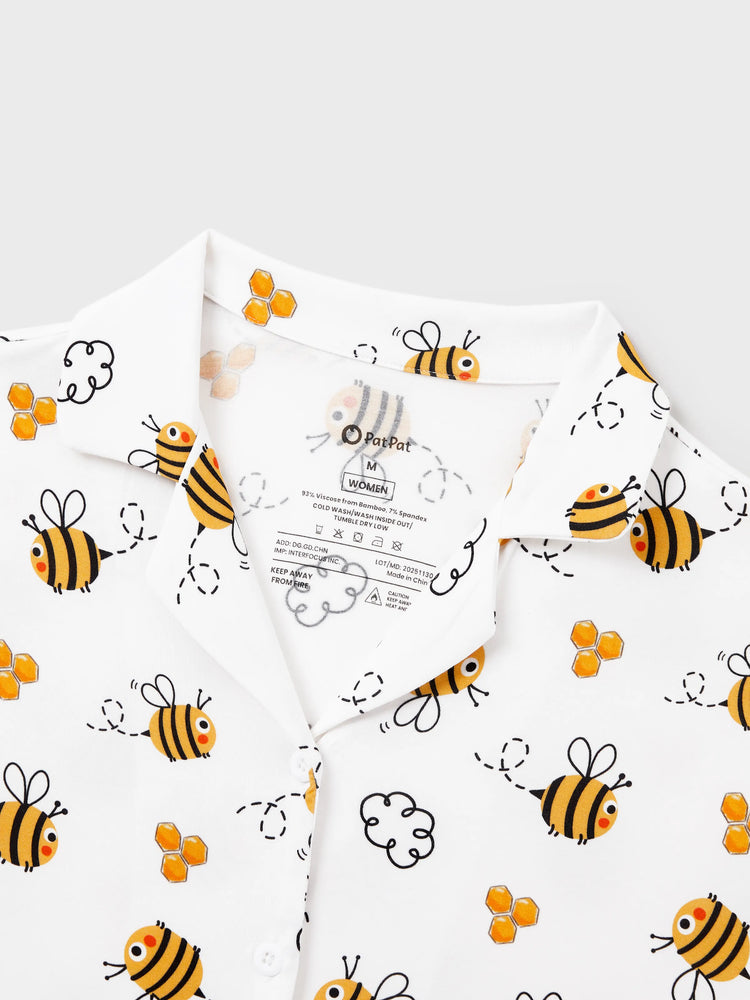 Family Matching Bamboo Pajamas Soft Bamboo Viscose PJs for Men Women Kids Toddler, Cute Bee Print Sleepwear with Short Sleeve Top and Long Pants White