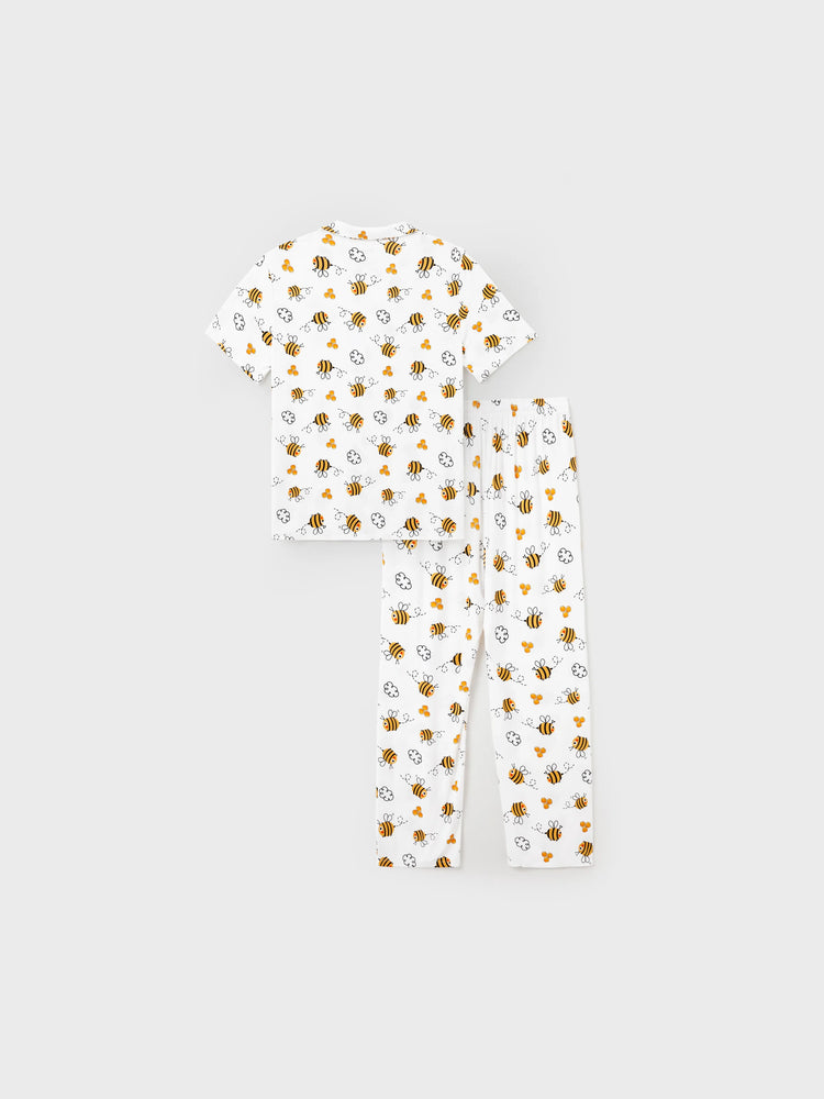 Daddy & Son Bamboo Pajamas Soft Bamboo Viscose PJs for Men Women Kids Toddler, Cute Bee Print Sleepwear with Short Sleeve Top and Long Pants White