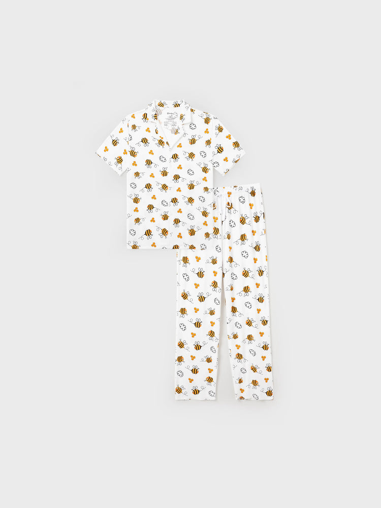 Daddy & Son Bamboo Pajamas Soft Bamboo Viscose PJs for Men Women Kids Toddler, Cute Bee Print Sleepwear with Short Sleeve Top and Long Pants White