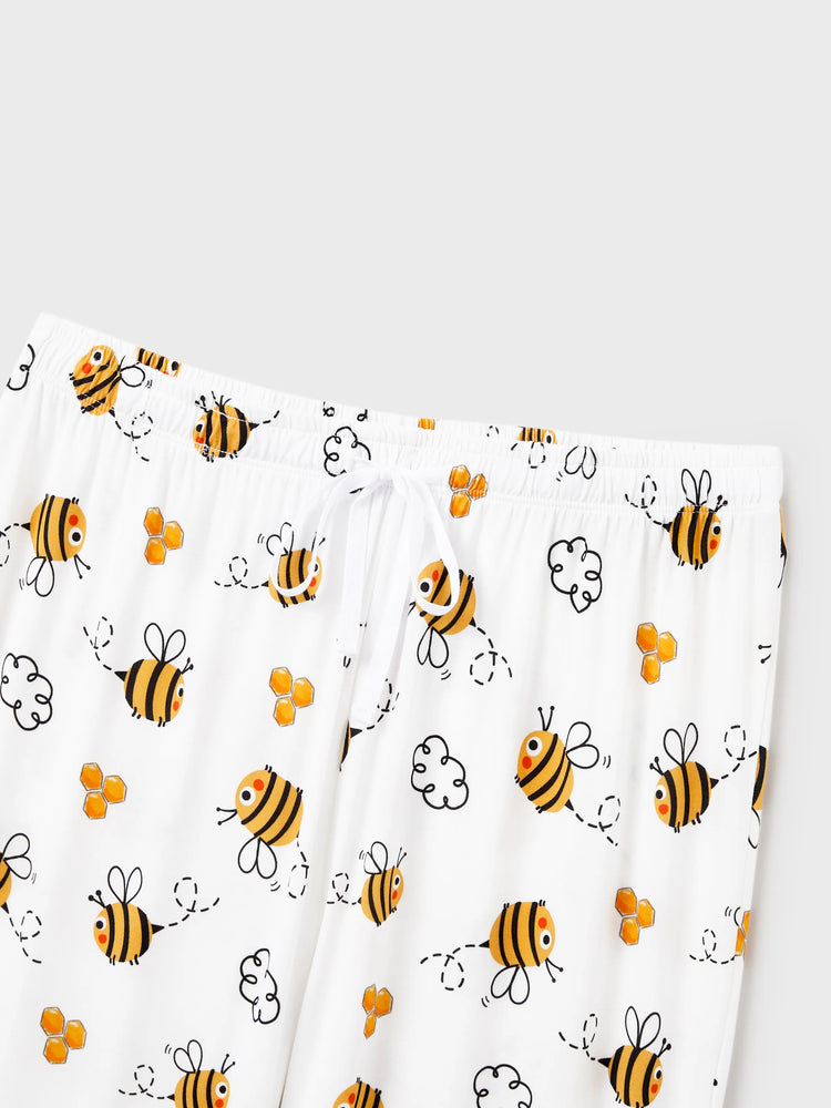 Daddy & Son Bamboo Pajamas Soft Bamboo Viscose PJs for Men Women Kids Toddler, Cute Bee Print Sleepwear with Short Sleeve Top and Long Pants White
