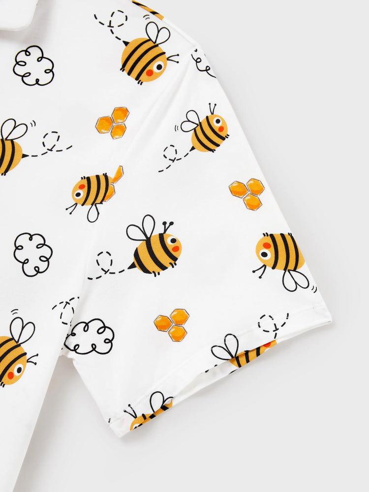 Daddy & Son Bamboo Pajamas Soft Bamboo Viscose PJs for Men Women Kids Toddler, Cute Bee Print Sleepwear with Short Sleeve Top and Long Pants White
