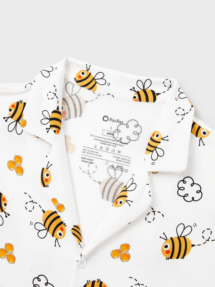 Family Matching Bamboo Pajamas Soft Bamboo Viscose PJs for Men Women Kids Toddler, Cute Bee Print Sleepwear with Short Sleeve Top and Long Pants White
