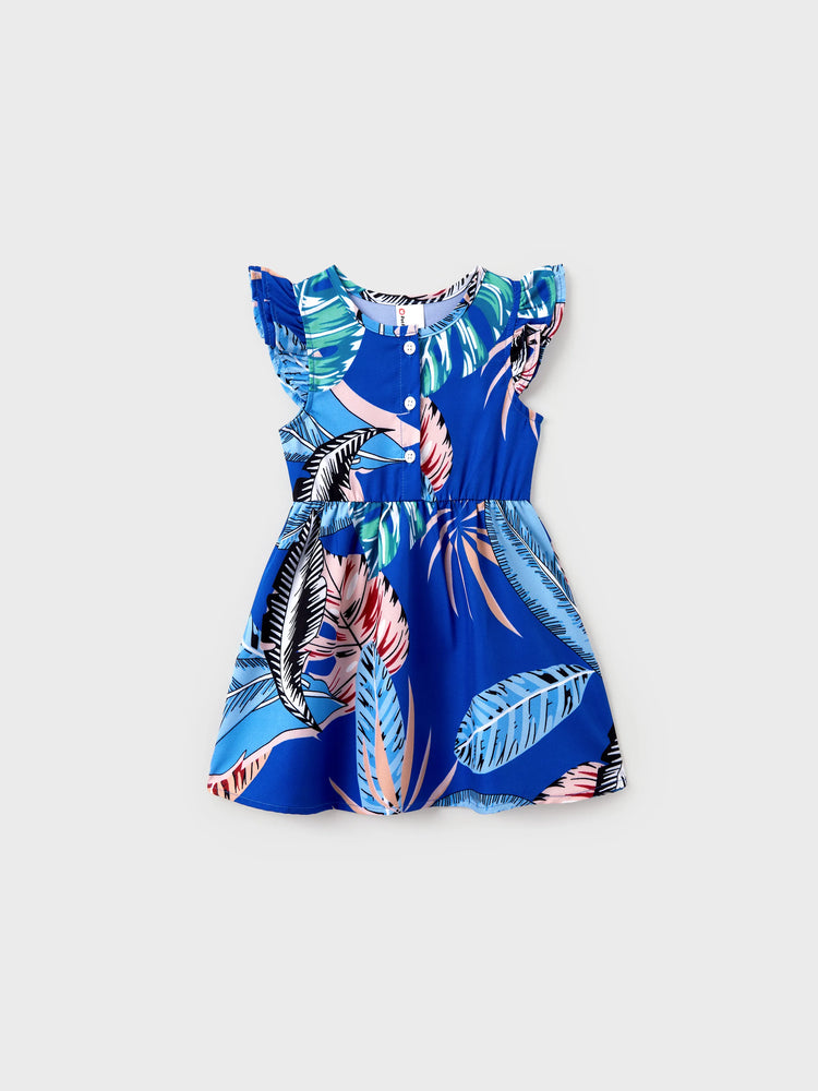 Family Matching Tropical Dress & T-shirt Set – Blue Floral Print for Dad, Mom, Girls & Baby, Perfect for Summer Vacations and Family Photos Blue