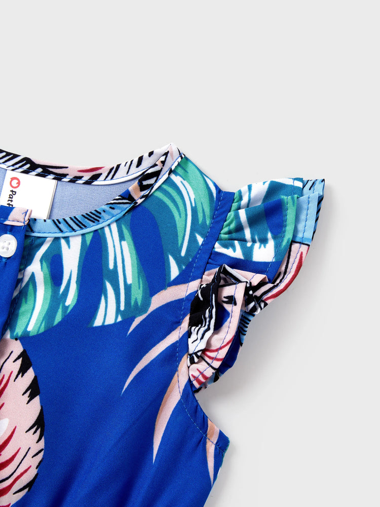 Family Matching Tropical Dress & T-shirt Set – Blue Floral Print for Dad, Mom, Girls & Baby, Perfect for Summer Vacations and Family Photos Blue