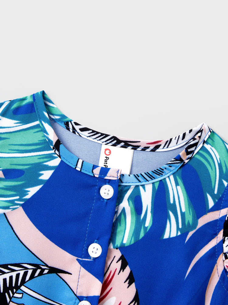 Family Matching Tropical Dress & T-shirt Set – Blue Floral Print for Dad, Mom, Girls & Baby, Perfect for Summer Vacations and Family Photos Blue