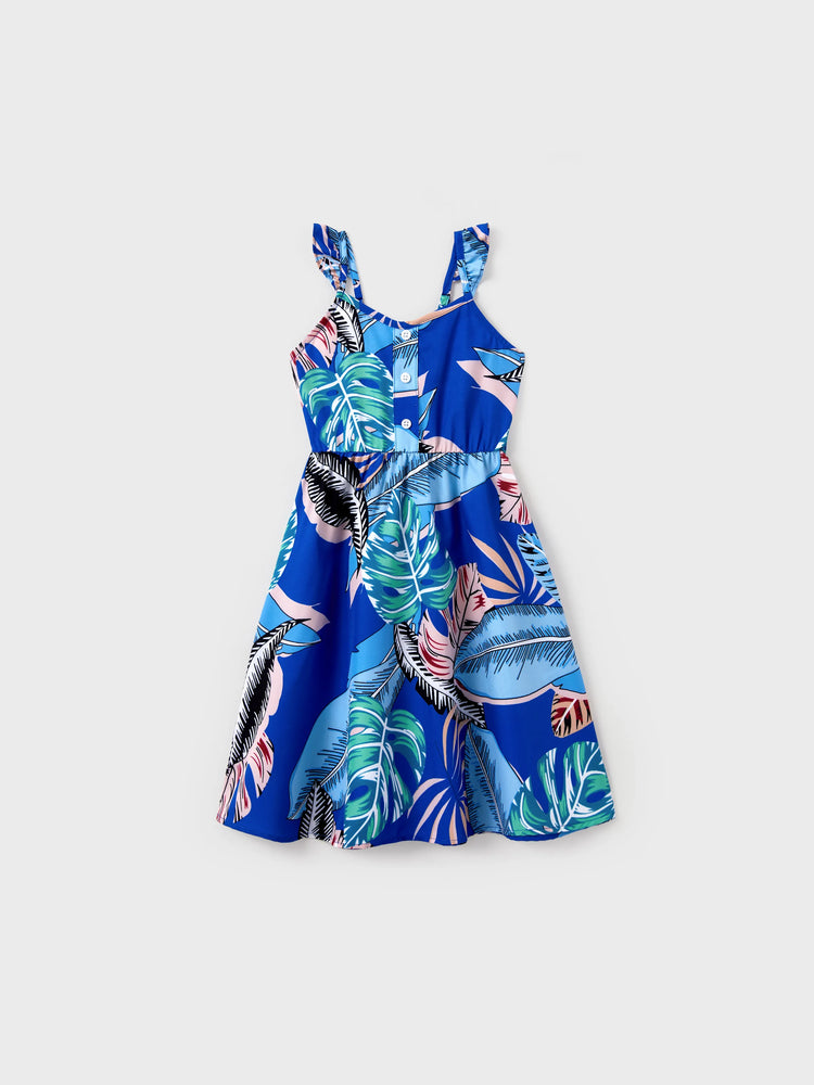 Family Matching Tropical Dress & T-shirt Set – Blue Floral Print for Dad, Mom, Girls & Baby, Perfect for Summer Vacations and Family Photos Blue