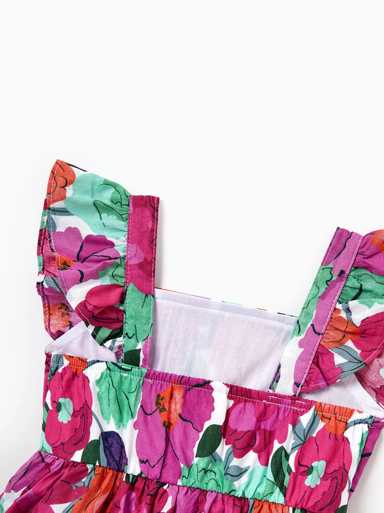 Mom & Me Matching Cotton Vacation Dresses Floral Smocked Dresses with Ruffle Straps for Summer Family Outings & Photos Multi-color