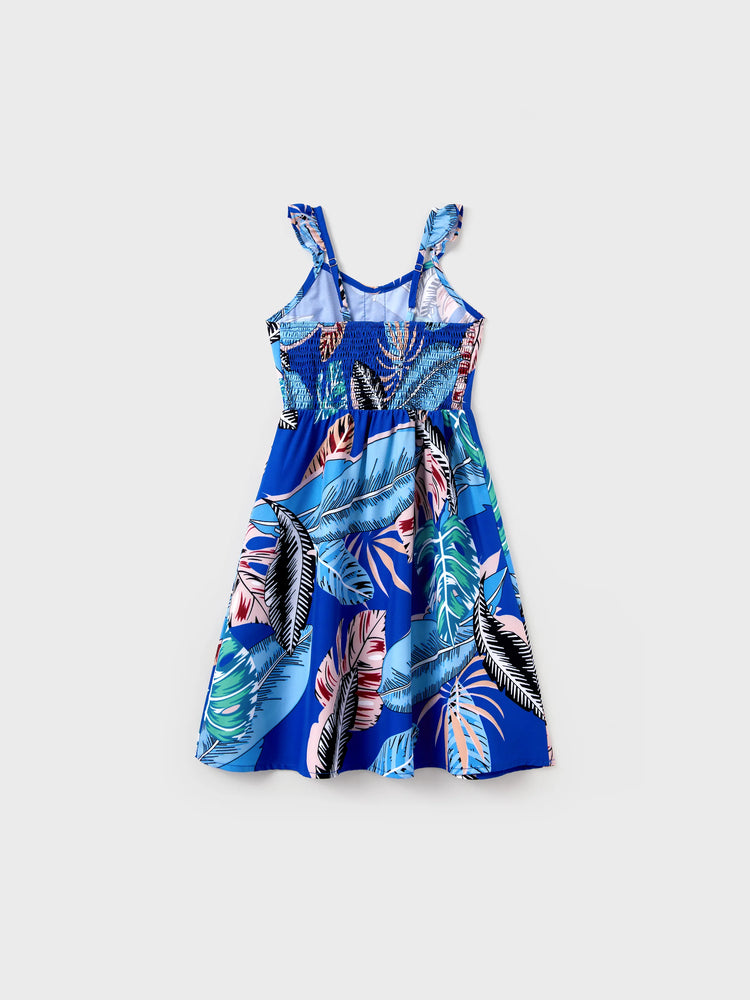 Family Matching Tropical Dress & T-shirt Set – Blue Floral Print for Dad, Mom, Girls & Baby, Perfect for Summer Vacations and Family Photos Blue