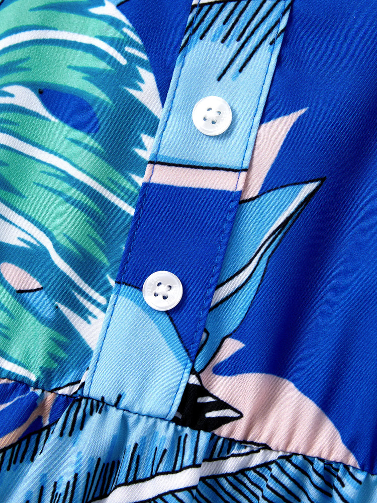 Family Matching Tropical Dress & T-shirt Set – Blue Floral Print for Dad, Mom, Girls & Baby, Perfect for Summer Vacations and Family Photos Blue