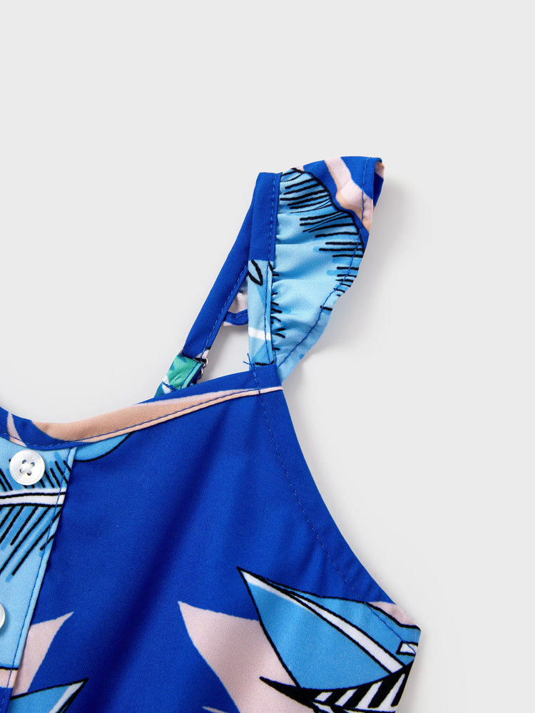 Family Matching Tropical Dress & T-shirt Set – Blue Floral Print for Dad, Mom, Girls & Baby, Perfect for Summer Vacations and Family Photos Blue