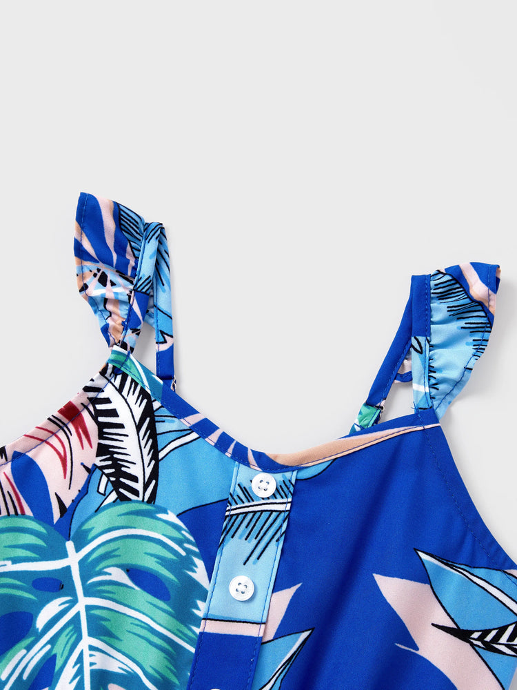 Family Matching Tropical Dress & T-shirt Set – Blue Floral Print for Dad, Mom, Girls & Baby, Perfect for Summer Vacations and Family Photos Blue