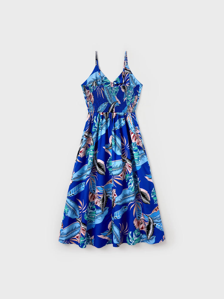 Family Matching Tropical Dress & T-shirt Set – Blue Floral Print for Dad, Mom, Girls & Baby, Perfect for Summer Vacations and Family Photos Blue