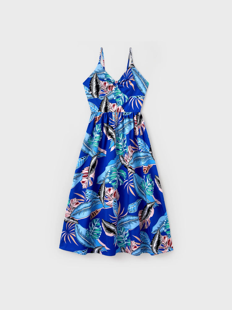 Family Matching Tropical Dress & T-shirt Set – Blue Floral Print for Dad, Mom, Girls & Baby, Perfect for Summer Vacations and Family Photos Blue