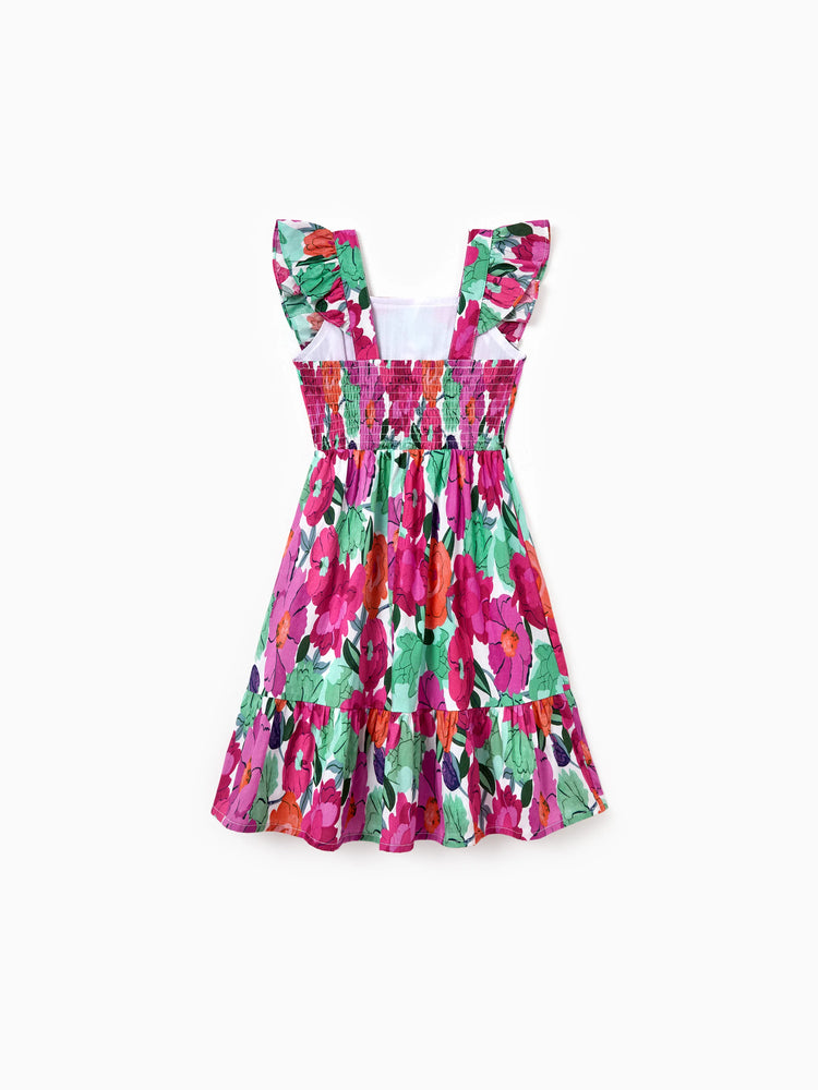 Mom & Me Matching Cotton Vacation Dresses Floral Smocked Dresses with Ruffle Straps for Summer Family Outings & Photos Multi-color