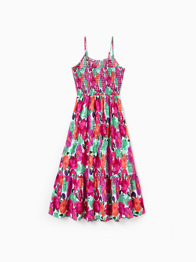 Mom & Me Matching Cotton Vacation Dresses Floral Smocked Dresses with Ruffle Straps for Summer Family Outings & Photos Multi-color