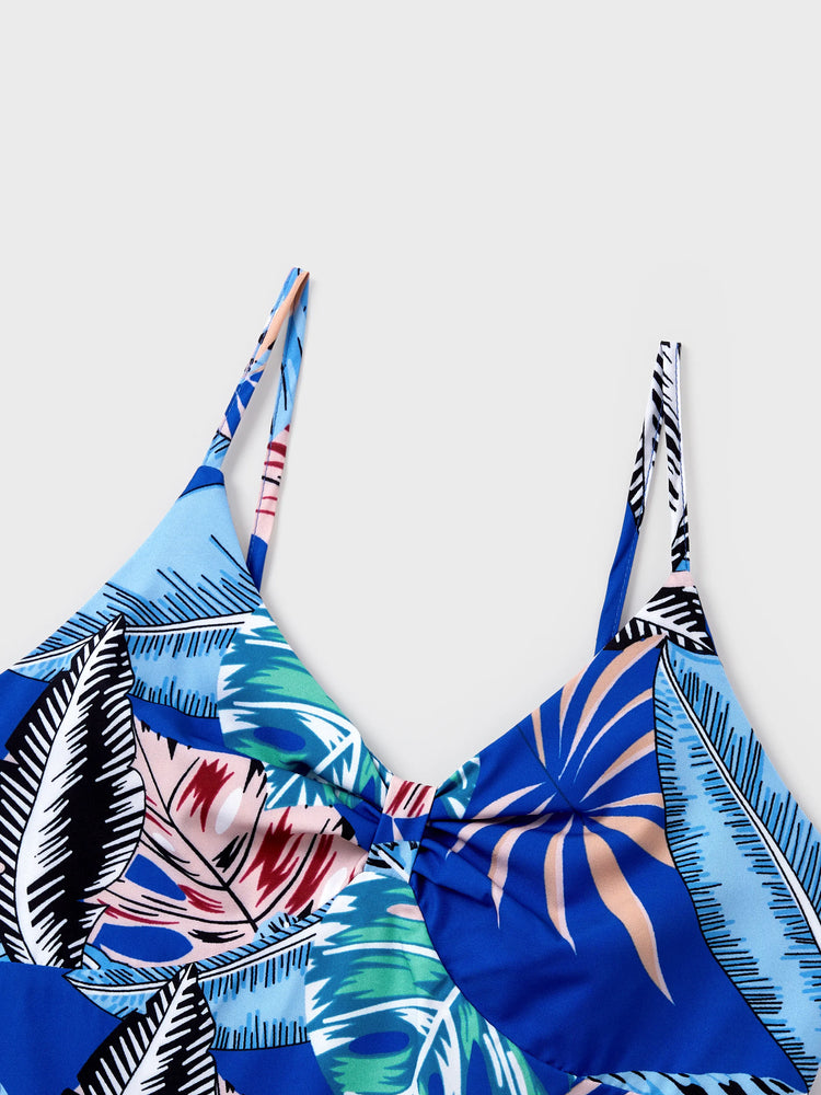 Family Matching Tropical Dress & T-shirt Set – Blue Floral Print for Dad, Mom, Girls & Baby, Perfect for Summer Vacations and Family Photos Blue