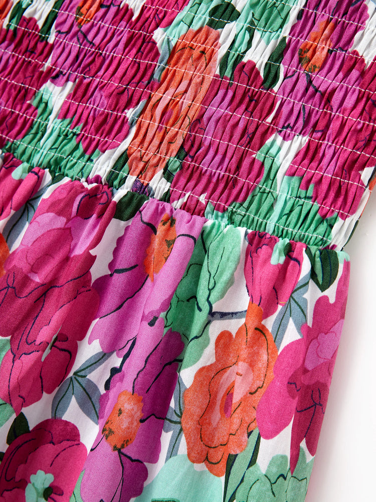 Mom & Me Matching Cotton Vacation Dresses Floral Smocked Dresses with Ruffle Straps for Summer Family Outings & Photos Multi-color