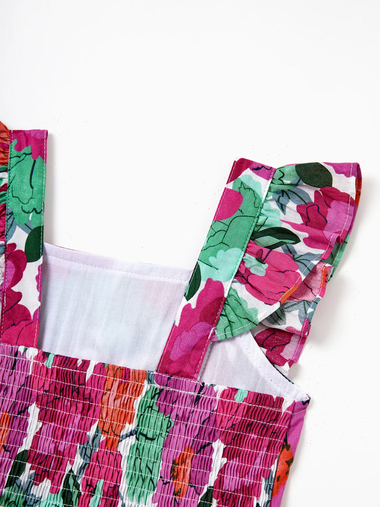 Mom & Me Matching Cotton Vacation Dresses Floral Smocked Dresses with Ruffle Straps for Summer Family Outings & Photos Multi-color