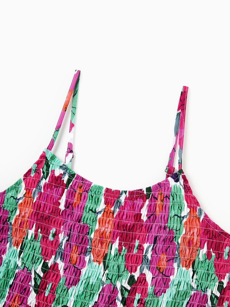 Mom & Me Matching Cotton Vacation Dresses Floral Smocked Dresses with Ruffle Straps for Summer Family Outings & Photos Multi-color