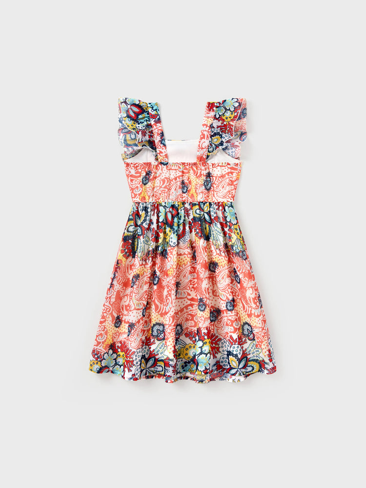 Mommy & me Casual Outfit Colorblock Polo Collar T-shirt or Floral Print Flutter Sleeveless Dress Set Orange red
