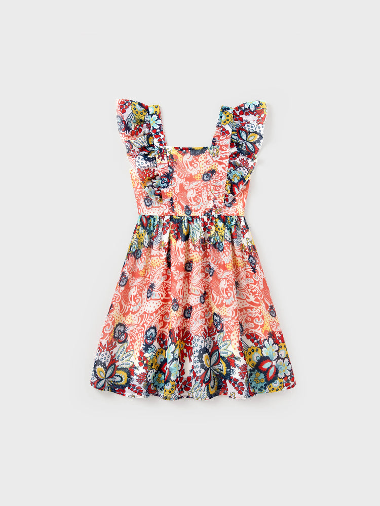 Family Matching Casual Outfit Colorblock Polo Collar T-shirt or Floral Print Flutter Sleeveless Dress Set Orange red