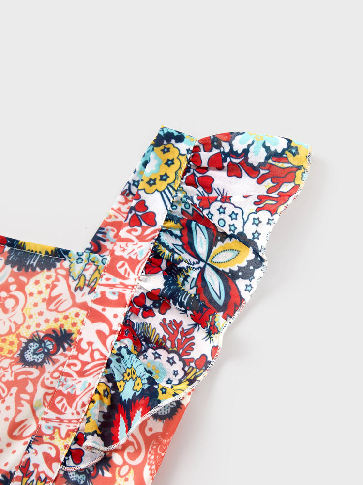 Family Matching Casual Outfit Colorblock Polo Collar T-shirt or Floral Print Flutter Sleeveless Dress Set Orange red