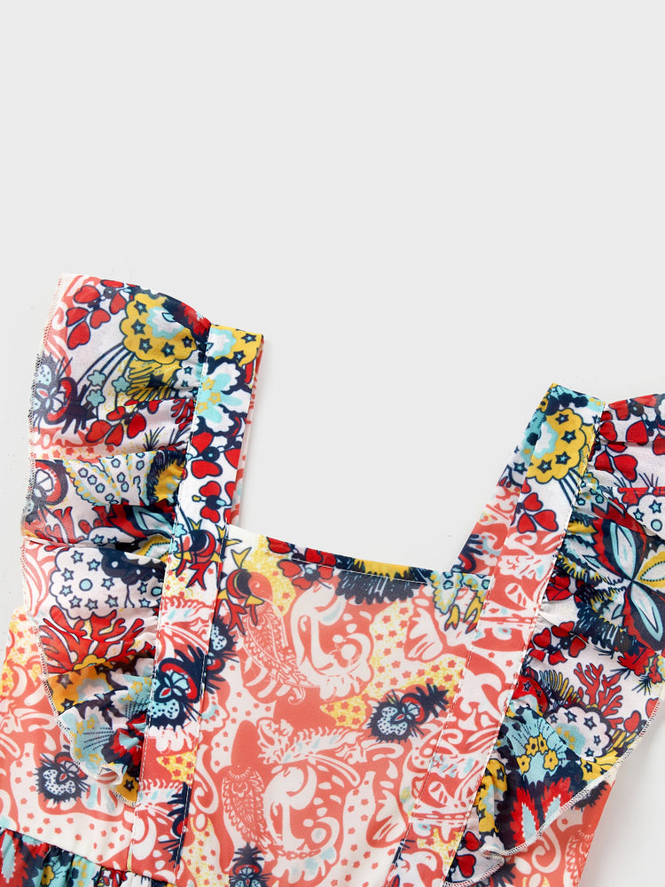 Family Matching Casual Outfit Colorblock Polo Collar T-shirt or Floral Print Flutter Sleeveless Dress Set Orange red