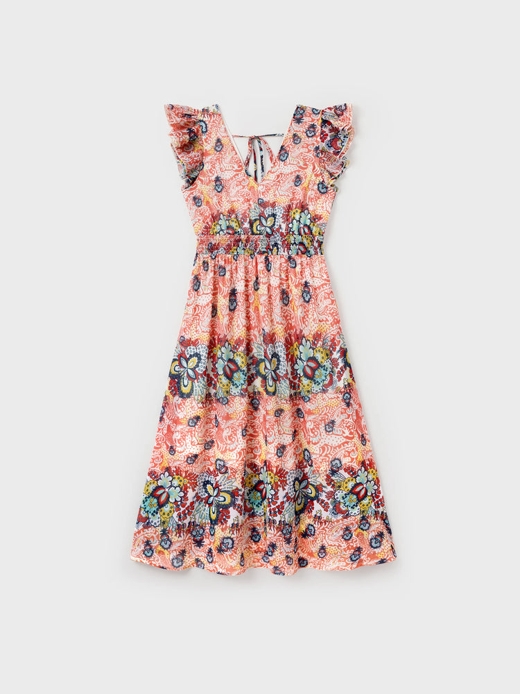 Family Matching Casual Outfit Colorblock Polo Collar T-shirt or Floral Print Flutter Sleeveless Dress Set Orange red