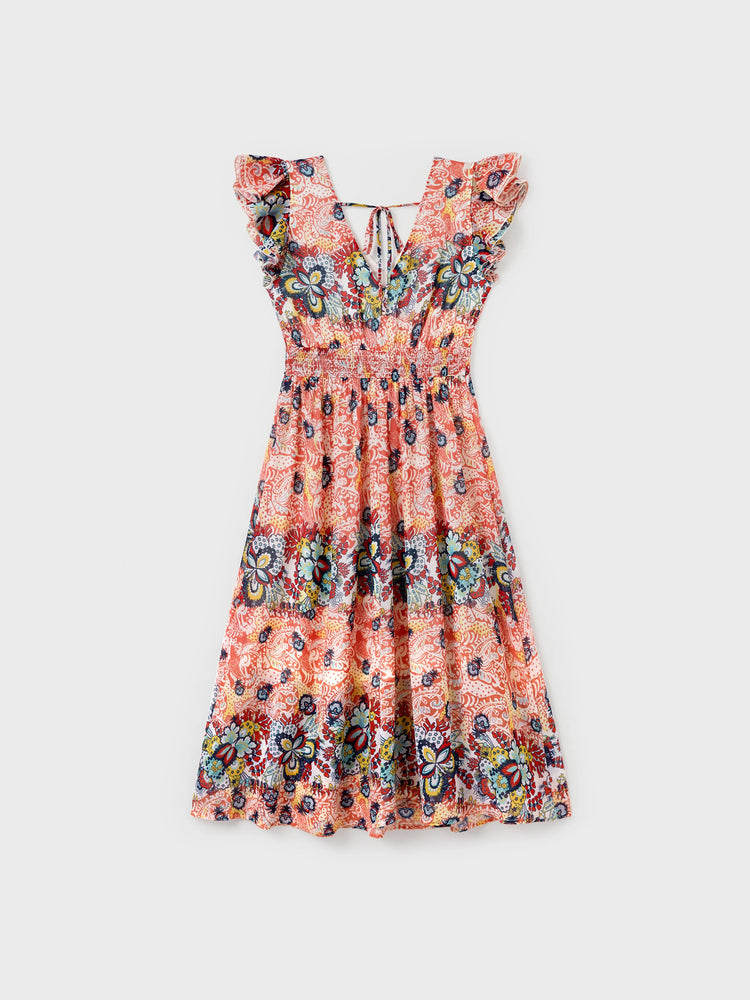 Family Matching Casual Outfit Colorblock Polo Collar T-shirt or Floral Print Flutter Sleeveless Dress Set Orange red