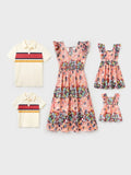 Family Matching Casual Outfit Colorblock Polo Collar T-shirt or Floral Print Flutter Sleeveless Dress Set Orange red