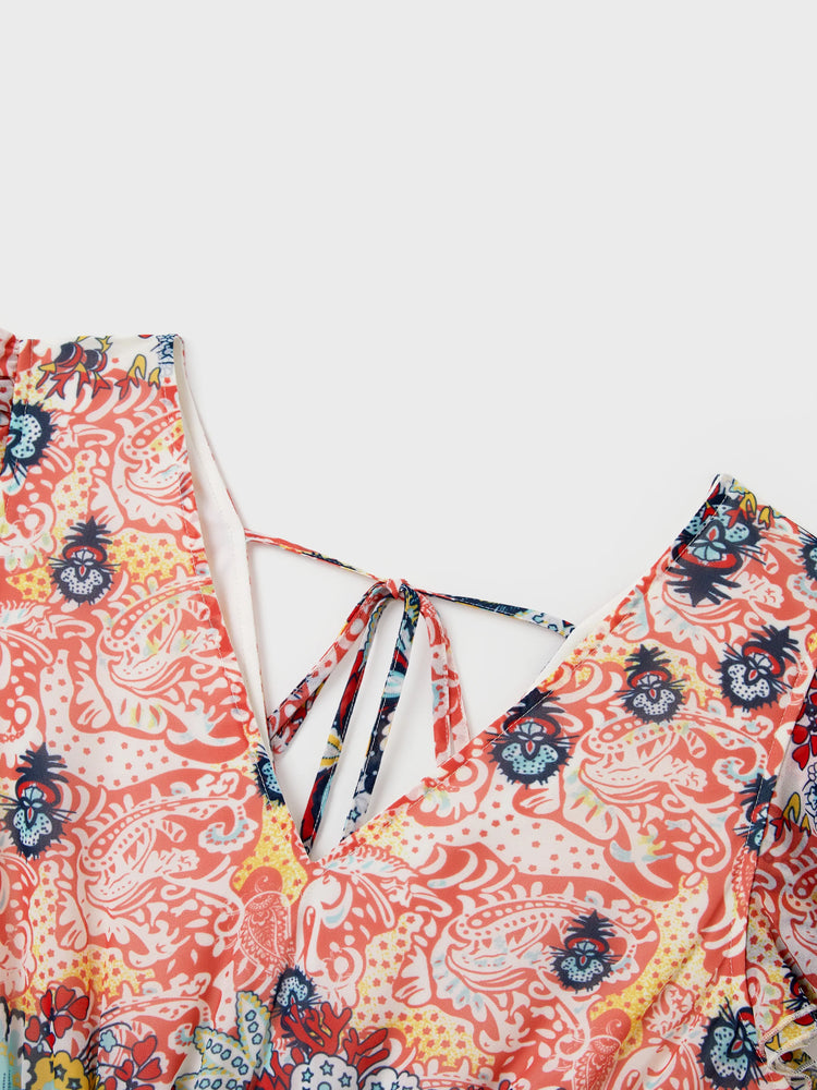 Family Matching Casual Outfit Colorblock Polo Collar T-shirt or Floral Print Flutter Sleeveless Dress Set Orange red