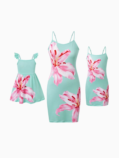 Mommy and Me Casual Flower Print Sleeveless Strappy Dresses  Light Green