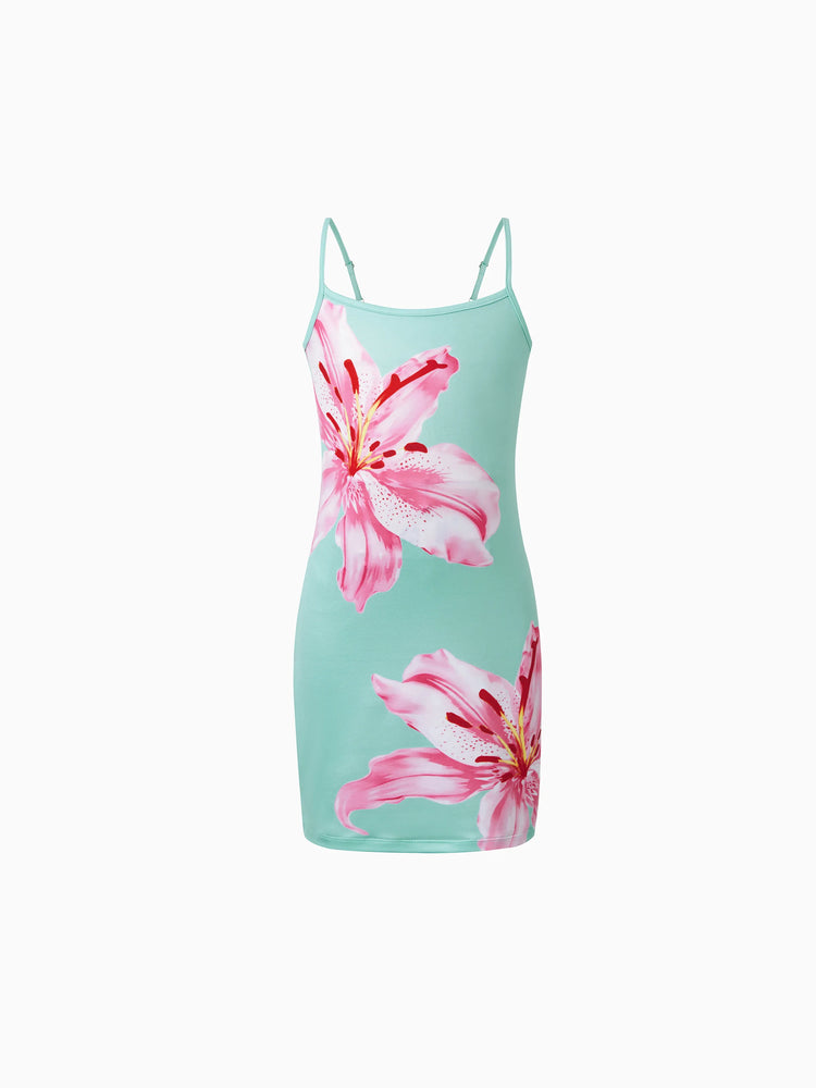 Toddler/Kid Girl Casual Flower Print Sleeveless Strappy Dresses  Light Green