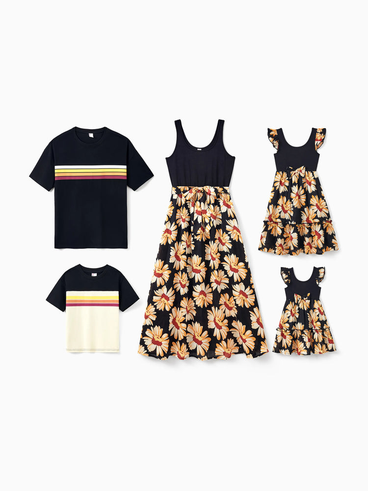 Family Matching Set Floral Sleeveless Strappy Dress or Colorblock Short-sleeve T-shirt  Black