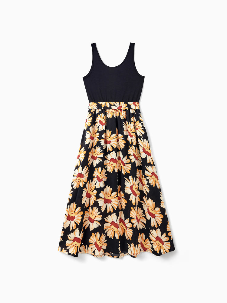Family Matching Set Floral Sleeveless Strappy Dress or Colorblock Short-sleeve T-shirt  Black