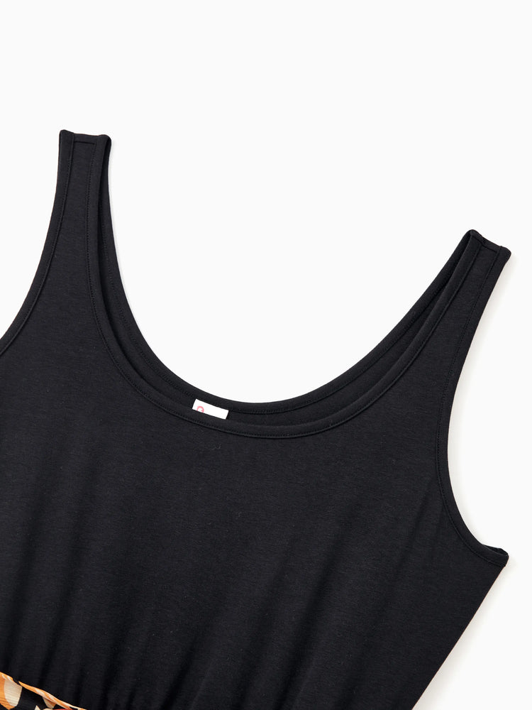 Family Matching Set Floral Sleeveless Strappy Dress or Colorblock Short-sleeve T-shirt  Black