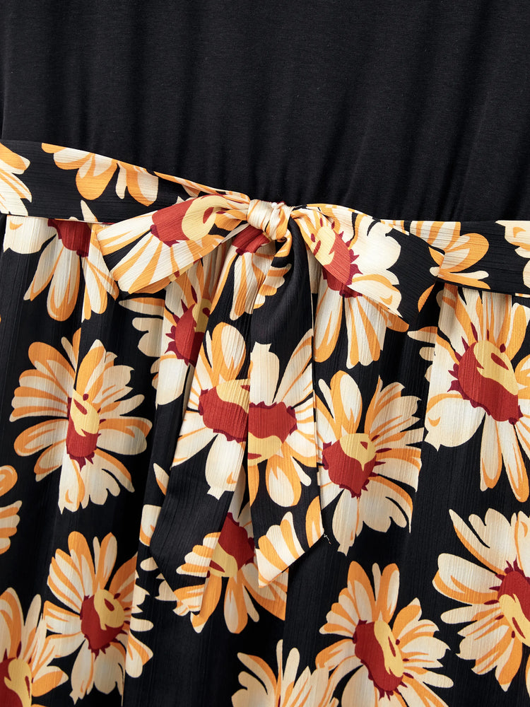 Family Matching Set Floral Sleeveless Strappy Dress or Colorblock Short-sleeve T-shirt  Black