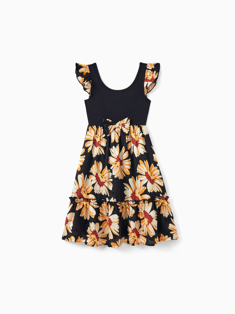 Family Matching Set Floral Sleeveless Strappy Dress or Colorblock Short-sleeve T-shirt  Black