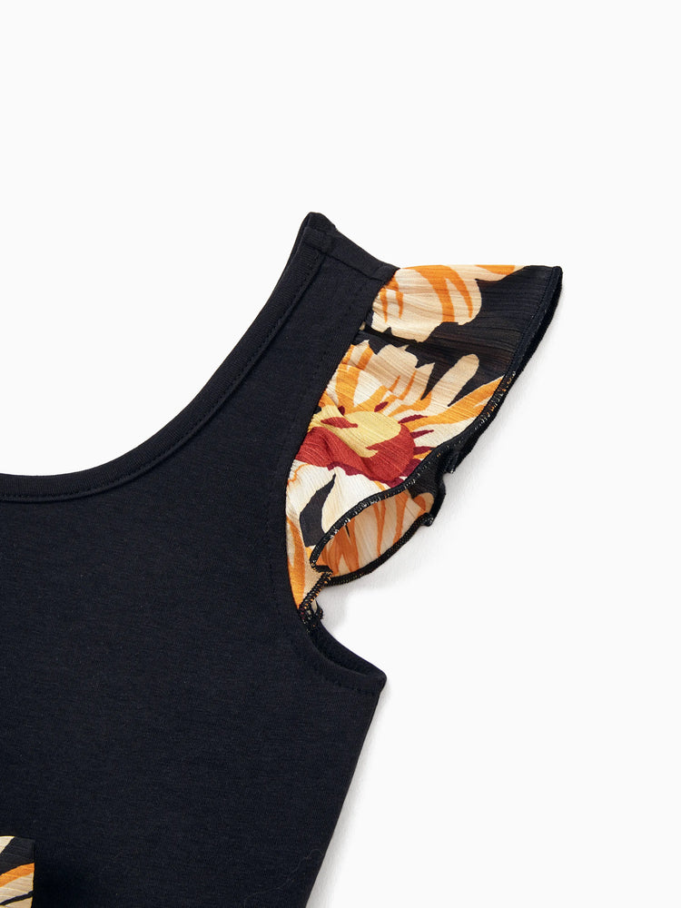 Family Matching Set Floral Sleeveless Strappy Dress or Colorblock Short-sleeve T-shirt  Black