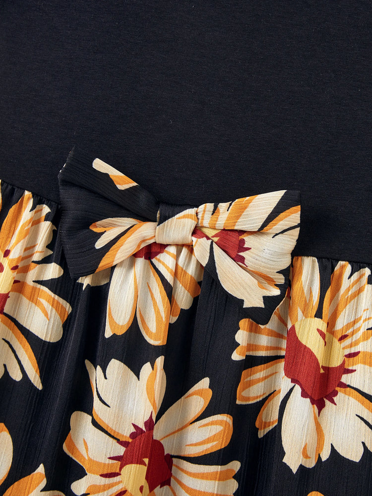 Mommy & me Set Floral Sleeveless Strappy Dress or Colorblock Short-sleeve T-shirt Black