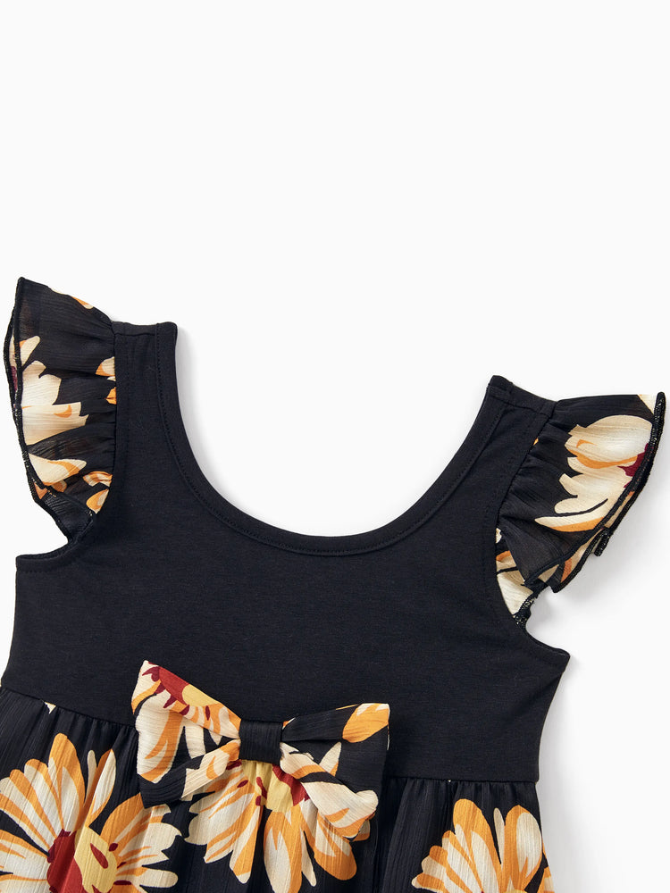 Daddy & Daughter Set Floral Sleeveless Strappy Dress or Colorblock Short-sleeve T-shirt Black