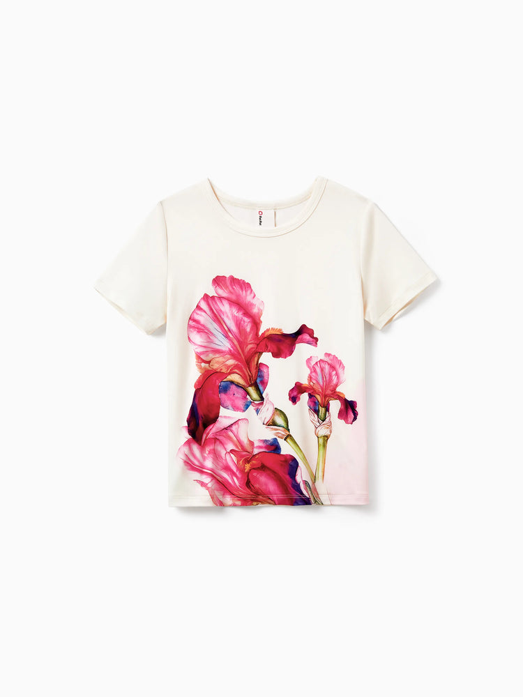 Mommy & me Casual Outfit Floral Print T-shirt or Halter Dress Summer Set for Vacation Apricot