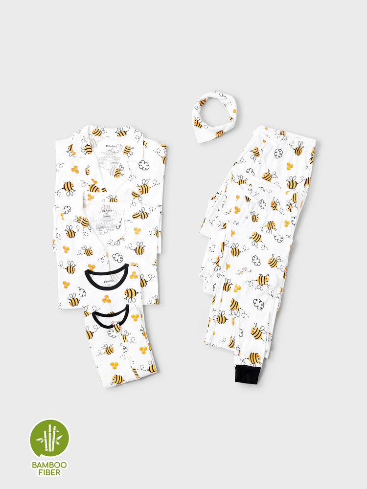 Mommy & me Bamboo Pajamas Soft Bamboo Viscose PJs for Men Women Kids Toddler, Cute Bee Print Sleepwear with Short Sleeve Top and Long Pants White