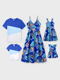 Family Matching Tropical Dress & T-shirt Set – Blue Floral Print for Dad, Mom, Girls & Baby, Perfect for Summer Vacations and Family Photos Blue