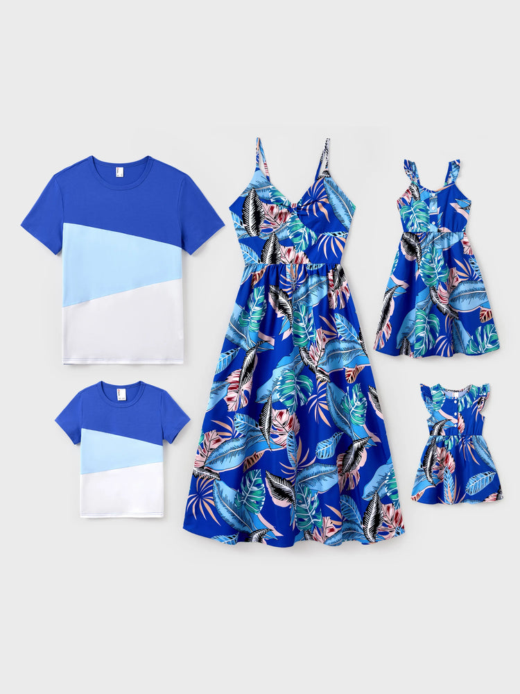 Daddy & Son Tropical Dress & T-shirt Set – Blue Floral Print for Dad, Mom, Girls & Baby, Perfect for Summer Vacations and Family Photos Blue