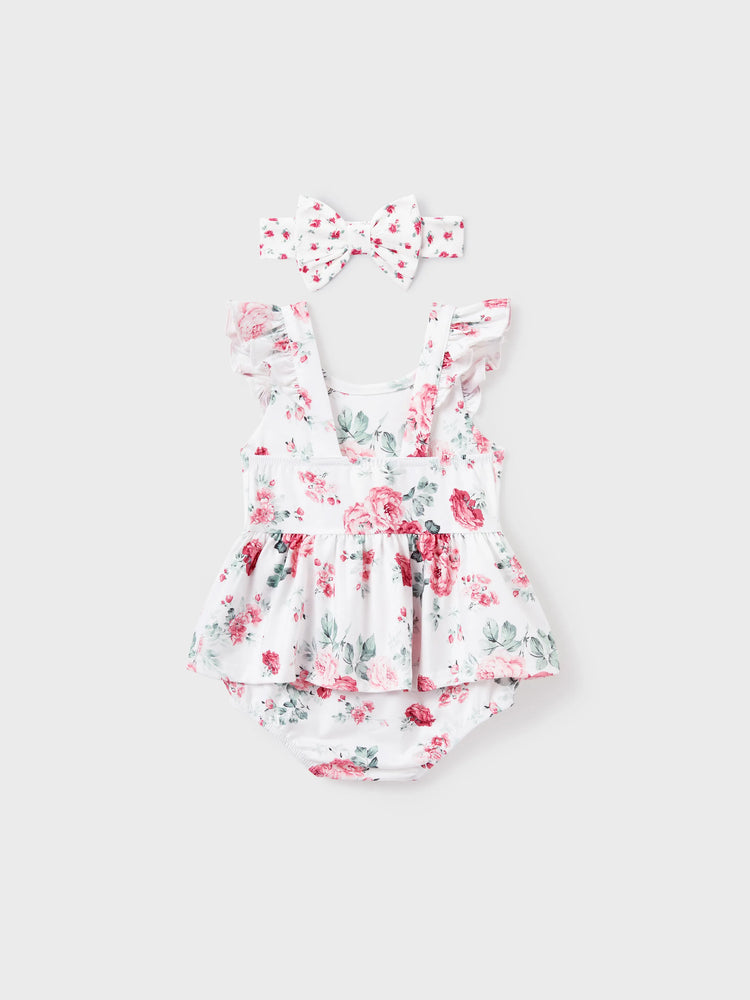 Family Matching Outfits Set Solid Color Short-sleeve Polo Collar Shirt or Flower Print Hollow out Dress  Pink